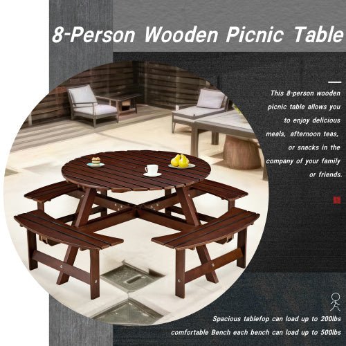Bellemave® Outdoor 8 Person Round Picnic Table Set with 4 Built - in Benches, Umbrella Hole, Outside Table - Bellemave