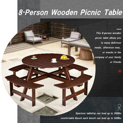 Bellemave® Outdoor 8 Person Round Picnic Table Set with 4 Built - in Benches, Umbrella Hole, Outside Table - Bellemave