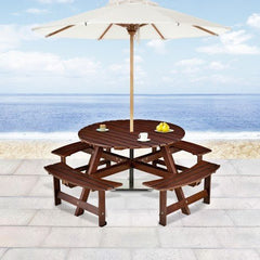 Bellemave® Outdoor 8 Person Round Picnic Table Set with 4 Built - in Benches, Umbrella Hole, Outside Table - Bellemave