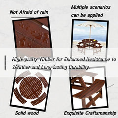 Bellemave® Outdoor 8 Person Round Picnic Table Set with 4 Built - in Benches, Umbrella Hole, Outside Table - Bellemave