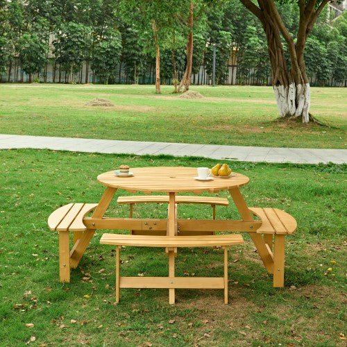 Bellemave® Outdoor 8 Person Round Picnic Table Set with 4 Built - in Benches, Umbrella Hole, Outside Table - Bellemave
