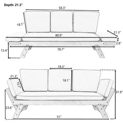 Bellemave® Outdoor Adjustable Patio Wooden Daybed Sofa Chaise Lounge with Cushions - Bellemave