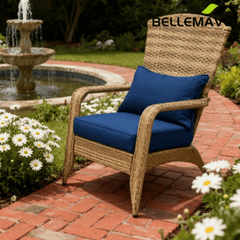 Bellemave® Outdoor All - Weather Rattan Fire Pit Chair with Soft Cushions, Tall Curved Backrest and Comfortable Armrests for Deck or Garden, Dark Blue - Bellemave