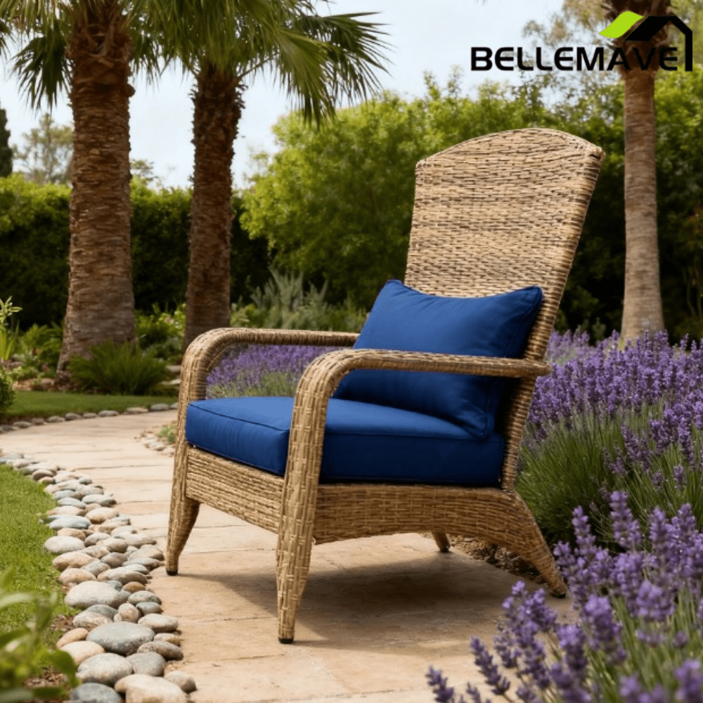 Bellemave® Outdoor All - Weather Rattan Fire Pit Chair with Soft Cushions, Tall Curved Backrest and Comfortable Armrests for Deck or Garden, Dark Blue - Bellemave