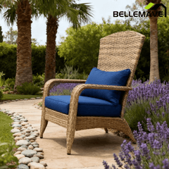 Bellemave® Outdoor All - Weather Rattan Fire Pit Chair with Soft Cushions, Tall Curved Backrest and Comfortable Armrests for Deck or Garden, Dark Blue - Bellemave