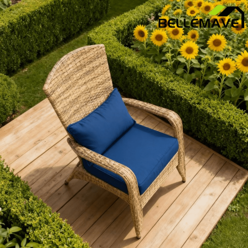 Bellemave® Outdoor All - Weather Rattan Fire Pit Chair with Soft Cushions, Tall Curved Backrest and Comfortable Armrests for Deck or Garden, Dark Blue - Bellemave