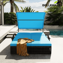 Bellemave® Outdoor Steel Frame Sun Lounger with Adjustable Backrest,Patio Double Sunbed with Hidden Side Table & Arched Armrests - Bellemave