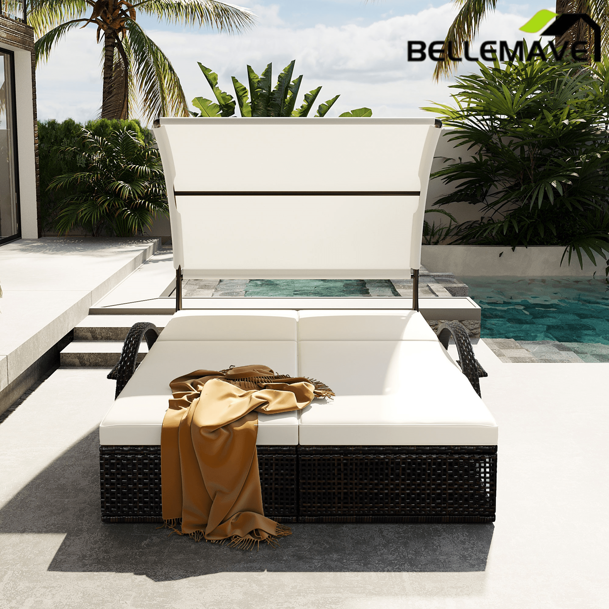 Bellemave® Outdoor Steel Frame Sun Lounger with Adjustable Backrest,Patio Double Sunbed with Hidden Side Table & Arched Armrests - Bellemave
