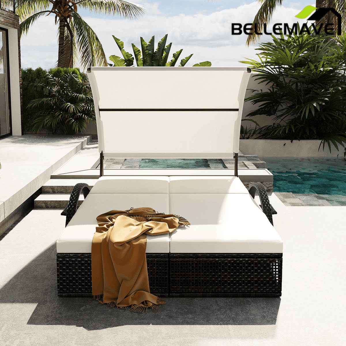 Bellemave® Outdoor Steel Frame Sun Lounger with Adjustable Backrest,Patio Double Sunbed with Hidden Side Table & Arched Armrests - Bellemave