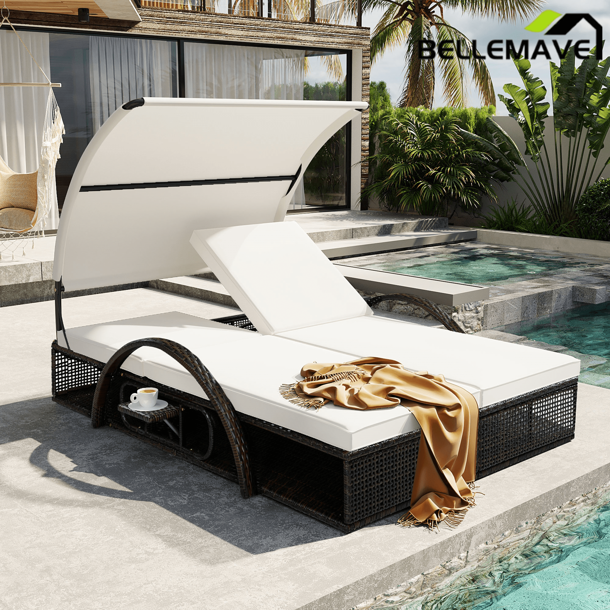 Bellemave® Outdoor Steel Frame Sun Lounger with Adjustable Backrest,Patio Double Sunbed with Hidden Side Table & Arched Armrests - Bellemave