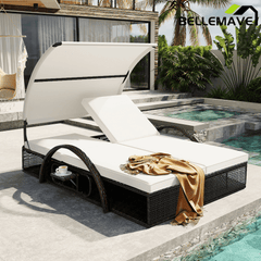 Bellemave® Outdoor Steel Frame Sun Lounger with Adjustable Backrest,Patio Double Sunbed with Hidden Side Table & Arched Armrests - Bellemave