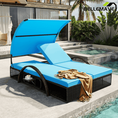 Bellemave® Outdoor Steel Frame Sun Lounger with Adjustable Backrest,Patio Double Sunbed with Hidden Side Table & Arched Armrests - Bellemave