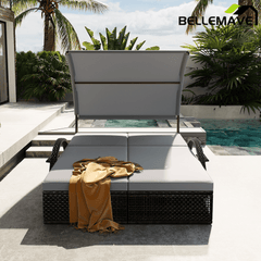Bellemave® Outdoor Steel Frame Sun Lounger with Adjustable Backrest,Patio Double Sunbed with Hidden Side Table & Arched Armrests - Bellemave
