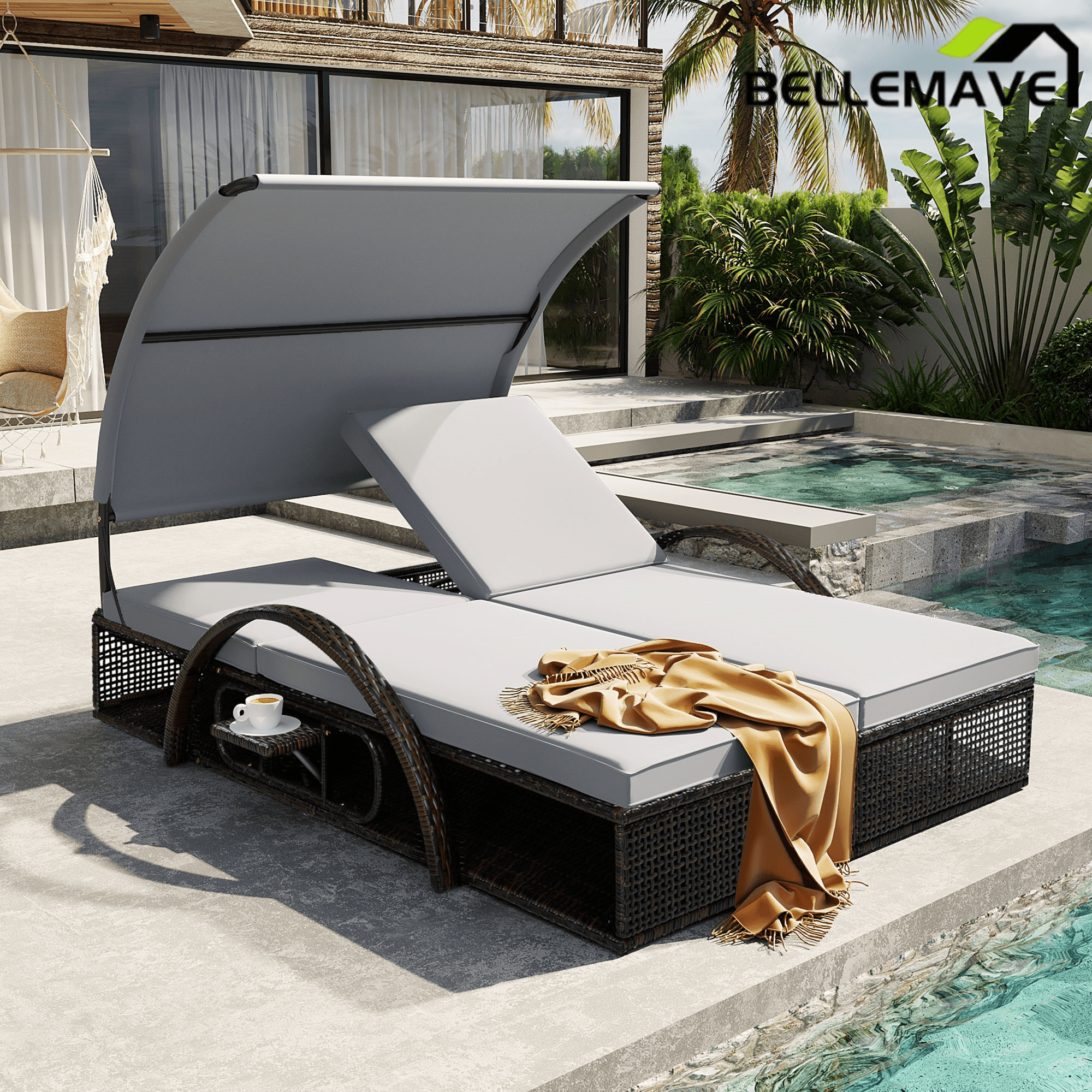 Bellemave® Outdoor Steel Frame Sun Lounger with Adjustable Backrest,Patio Double Sunbed with Hidden Side Table & Arched Armrests - Bellemave
