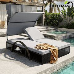 Bellemave® Outdoor Steel Frame Sun Lounger with Adjustable Backrest,Patio Double Sunbed with Hidden Side Table & Arched Armrests - Bellemave