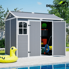 Bellemave® Outdoor Storage Shed with Floor, Waterproof Lockable Storage Shed with Window, Plastic Outside Tool Storage for Garden, Backyard, Patio, Lawn,Gray - Bellemave