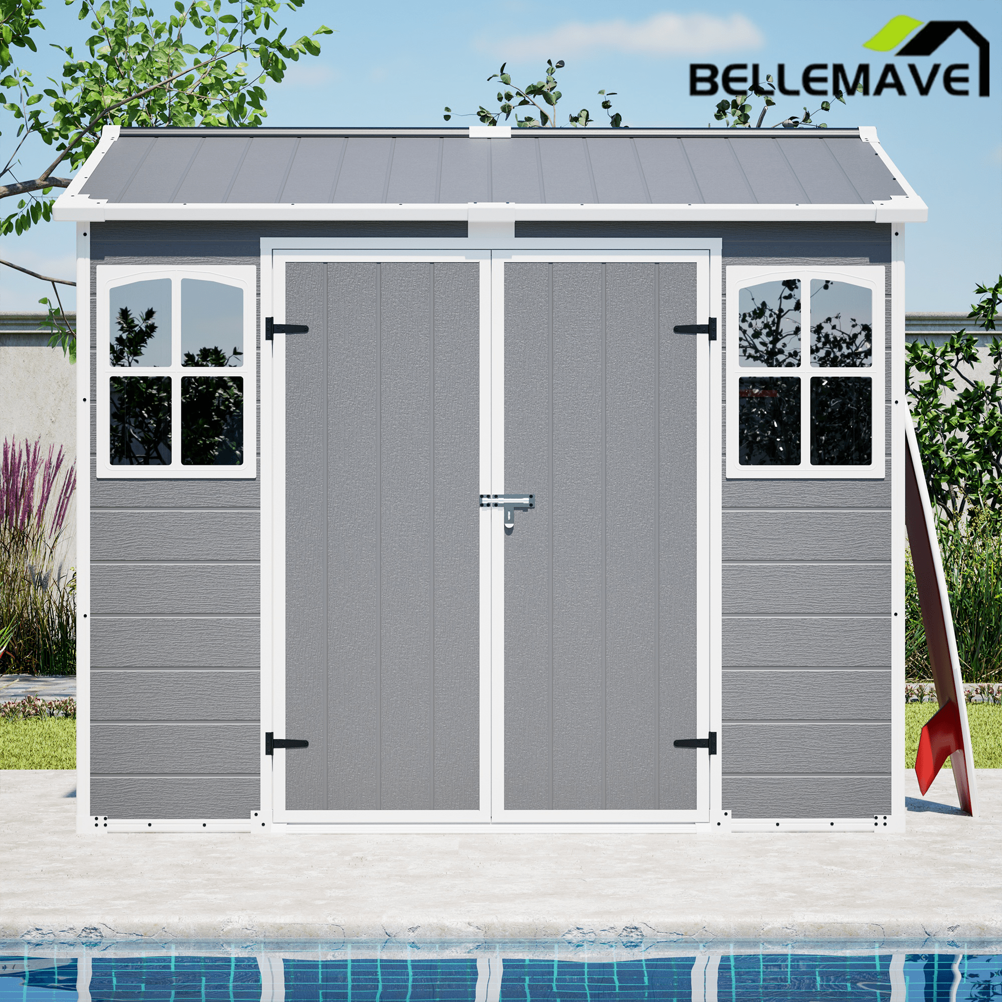 Bellemave® Outdoor Storage Shed with Floor, Waterproof Lockable Storage Shed with Window, Plastic Outside Tool Storage for Garden, Backyard, Patio, Lawn,Gray - Bellemave
