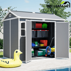 Bellemave® Outdoor Storage Shed with Floor, Waterproof Lockable Storage Shed with Window, Plastic Outside Tool Storage for Garden, Backyard, Patio, Lawn,Gray - Bellemave