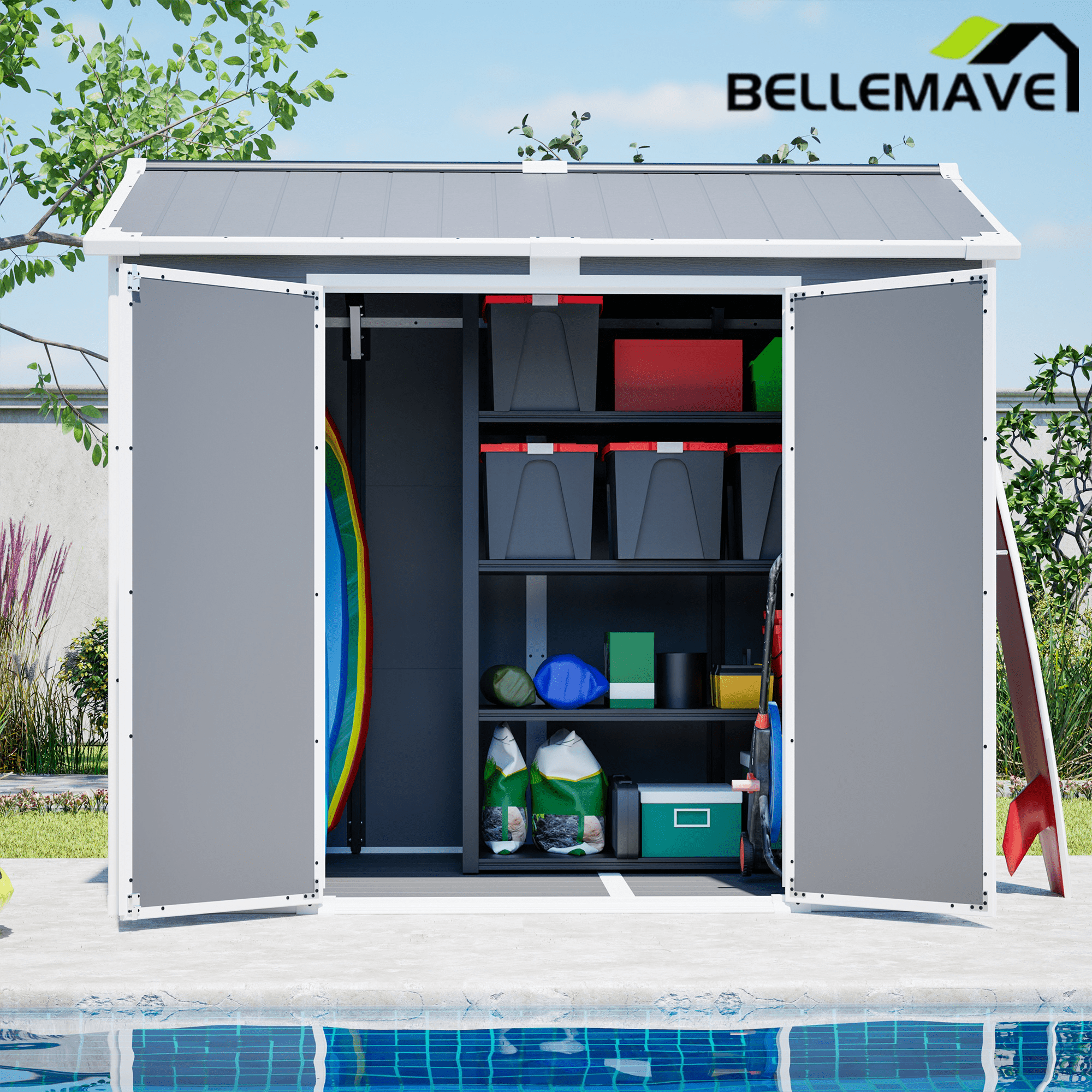 Bellemave® Outdoor Storage Shed with Floor, Waterproof Lockable Storage Shed with Window, Plastic Outside Tool Storage for Garden, Backyard, Patio, Lawn,Gray - Bellemave
