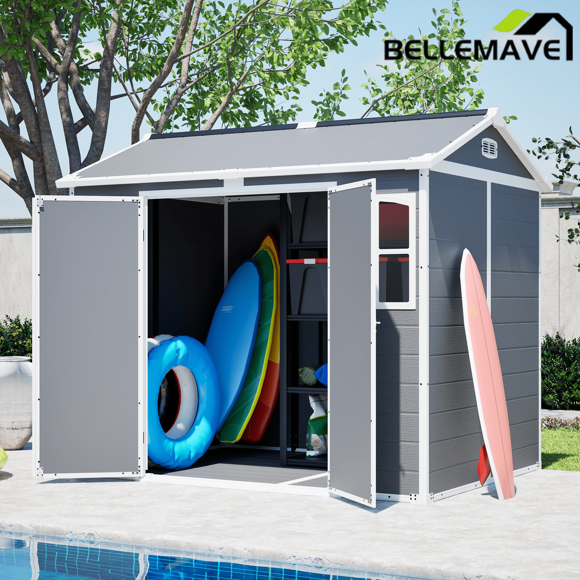 Bellemave® Outdoor Storage Shed with Floor, Waterproof Lockable Storage Shed with Window, Plastic Outside Tool Storage for Garden, Backyard, Patio, Lawn,Gray - Bellemave