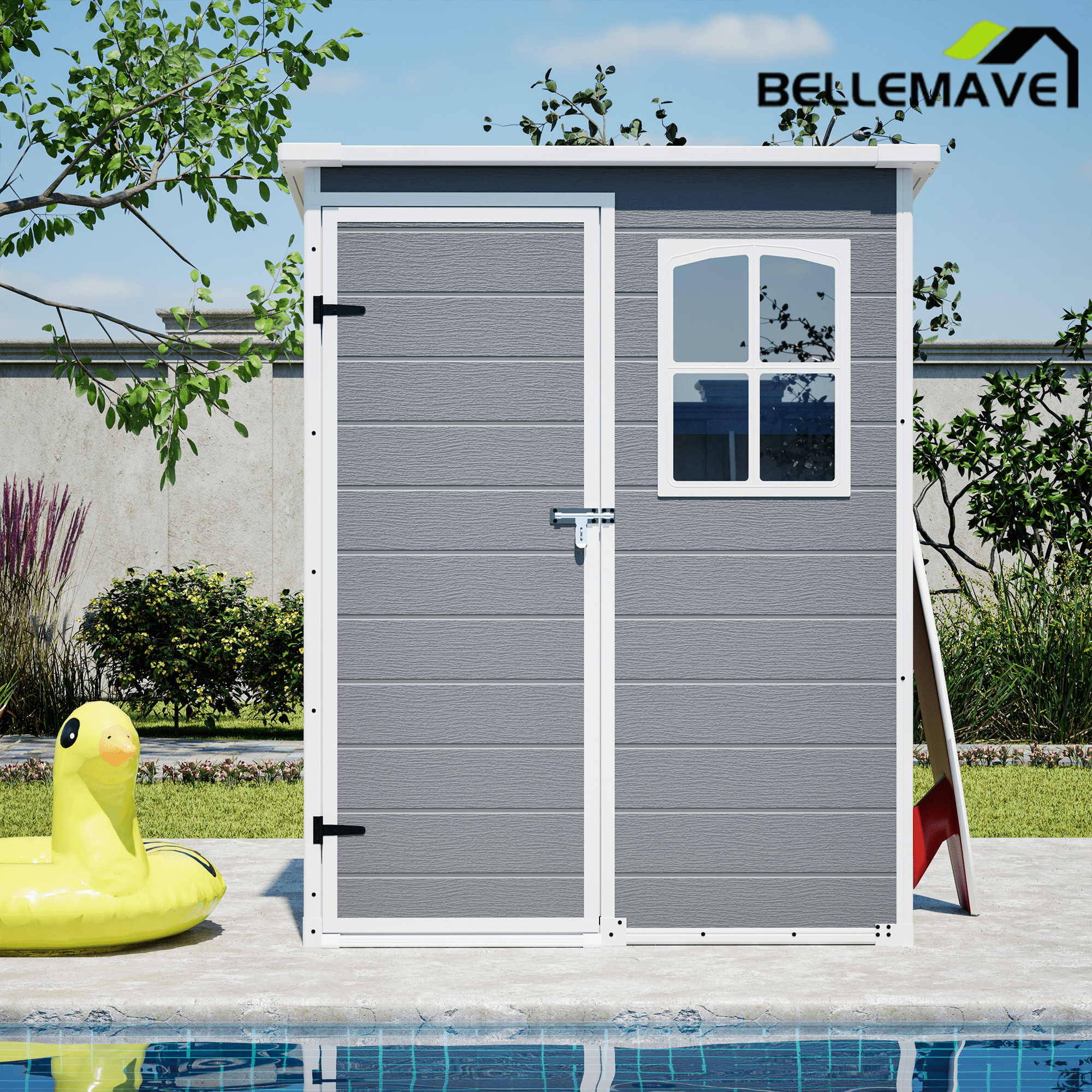 Bellemave® Outdoor Storage Shed with Floor, Waterproof Lockable Storage Shed with Window, Plastic Outside Tool Storage for Garden, Backyard, Patio, Lawn,Gray - Bellemave