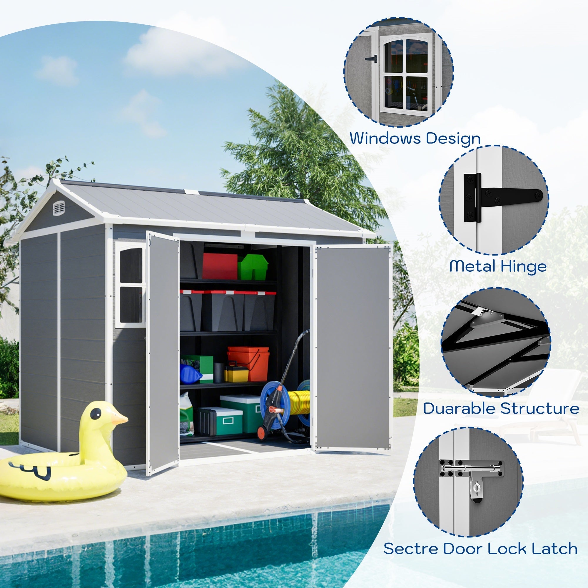 Bellemave® Outdoor Storage Shed with Floor, Waterproof Lockable Storage Shed with Window, Plastic Outside Tool Storage for Garden, Backyard, Patio, Lawn,Gray - Bellemave