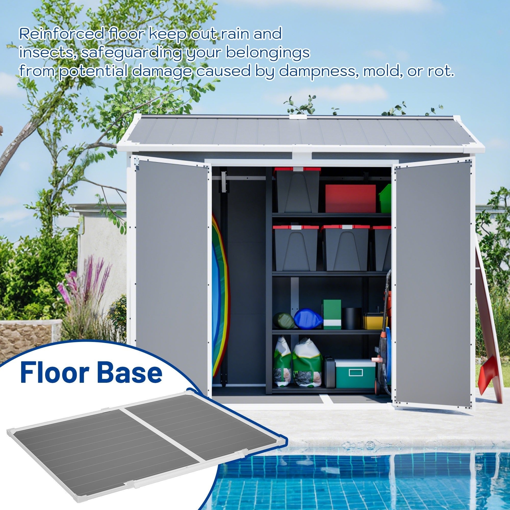 Bellemave® Outdoor Storage Shed with Floor, Waterproof Lockable Storage Shed with Window, Plastic Outside Tool Storage for Garden, Backyard, Patio, Lawn,Gray - Bellemave