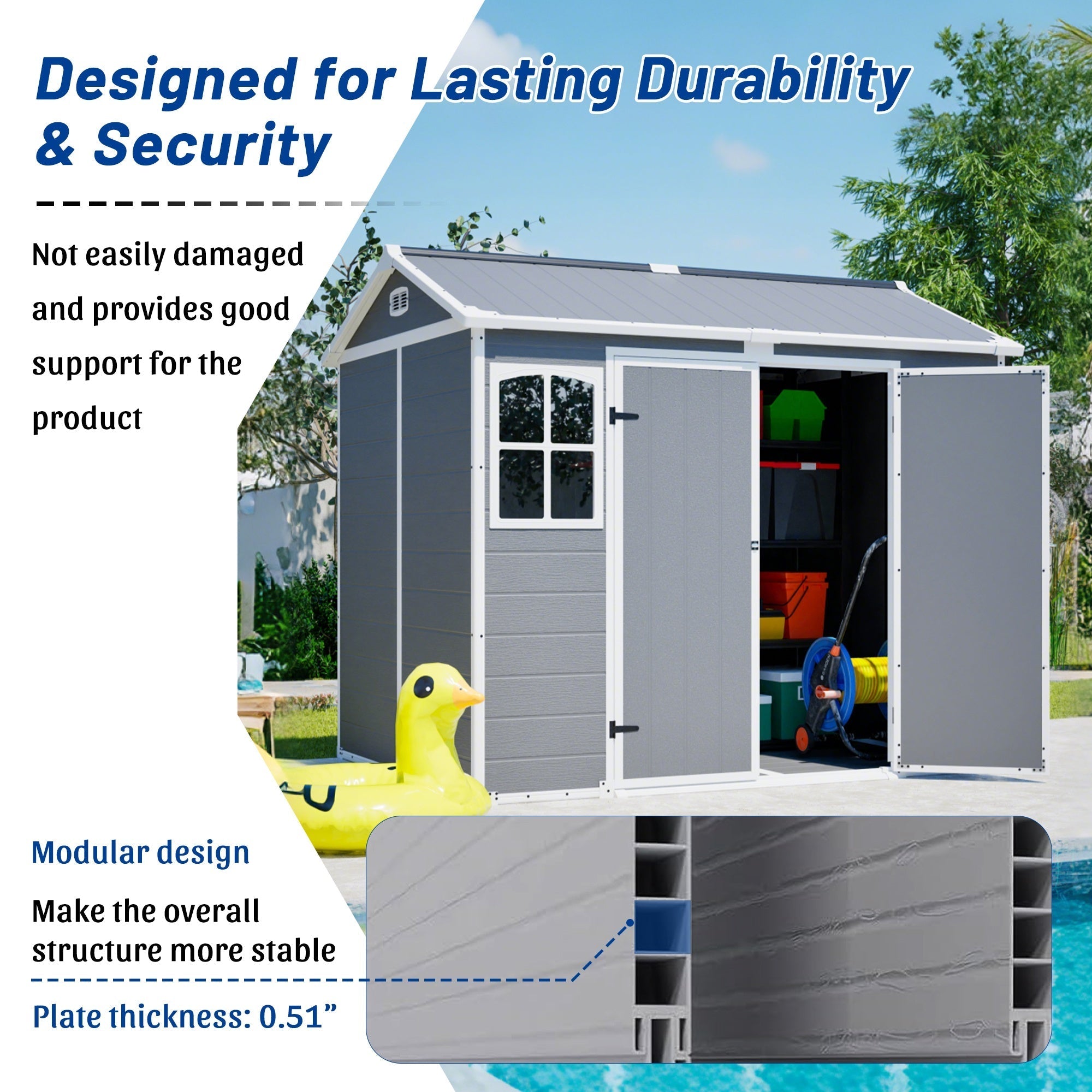 Bellemave® Outdoor Storage Shed with Floor, Waterproof Lockable Storage Shed with Window, Plastic Outside Tool Storage for Garden, Backyard, Patio, Lawn,Gray - Bellemave