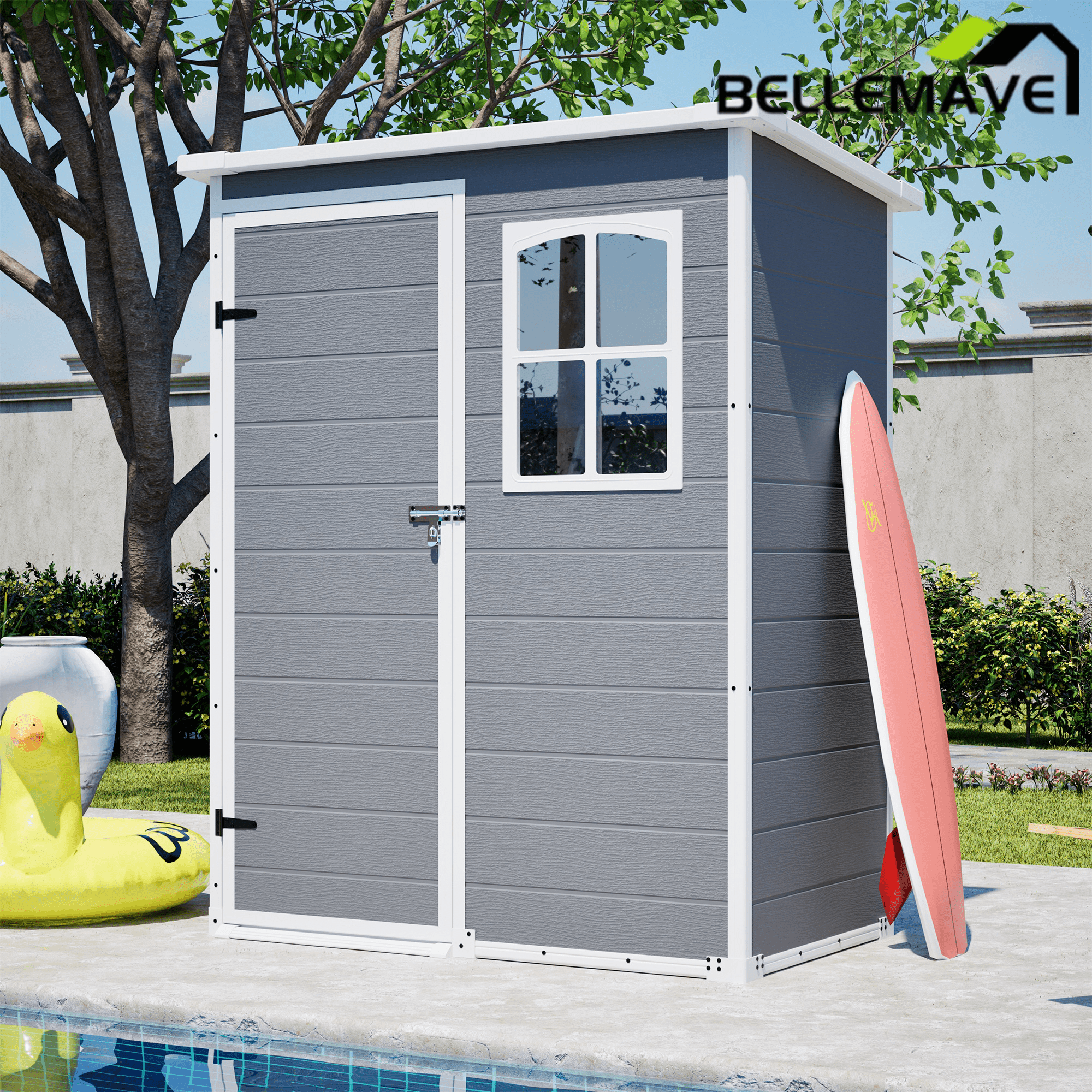 Bellemave® Outdoor Storage Shed with Floor, Waterproof Lockable Storage Shed with Window, Plastic Outside Tool Storage for Garden, Backyard, Patio, Lawn,Gray - Bellemave