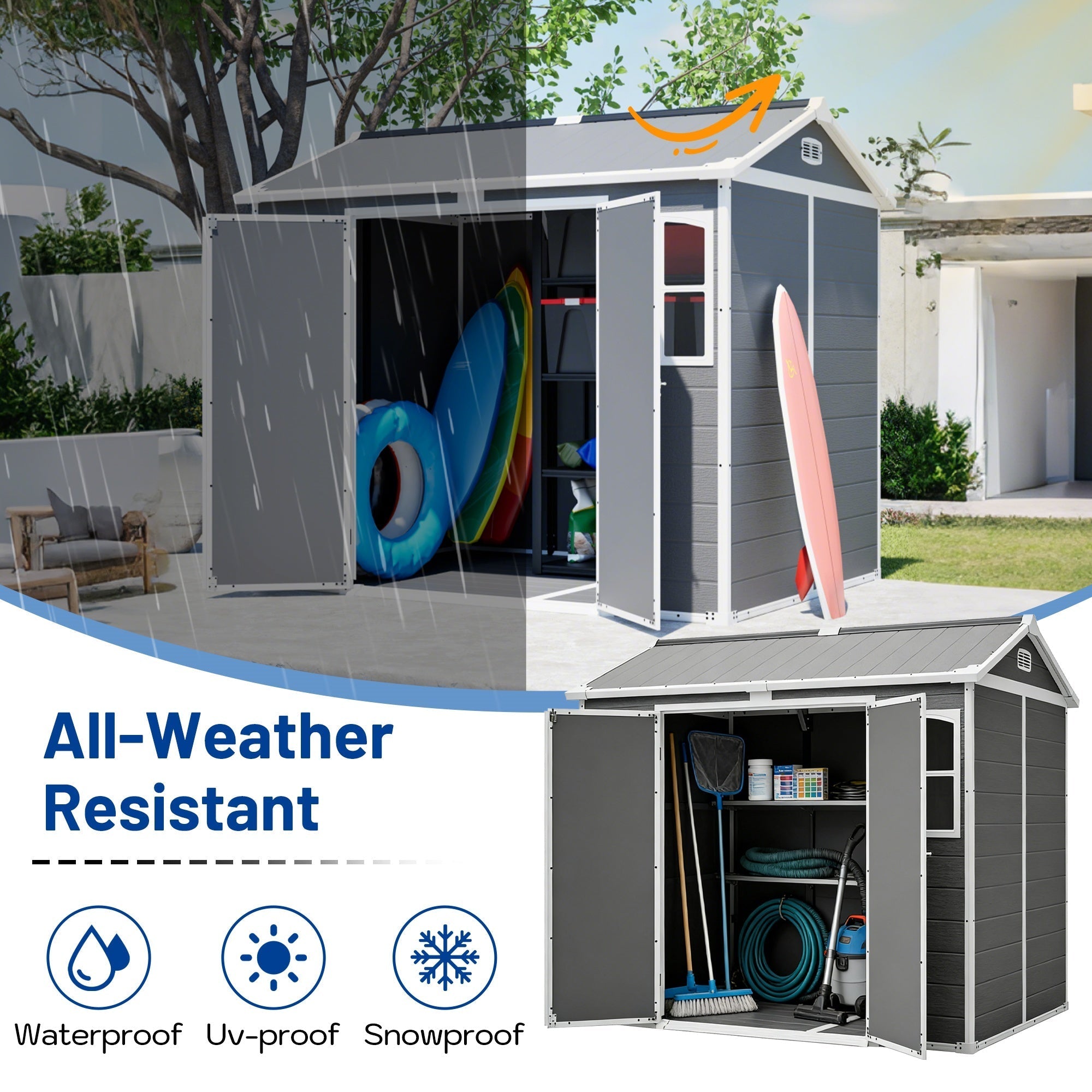 Bellemave® Outdoor Storage Shed with Floor, Waterproof Lockable Storage Shed with Window, Plastic Outside Tool Storage for Garden, Backyard, Patio, Lawn,Gray - Bellemave