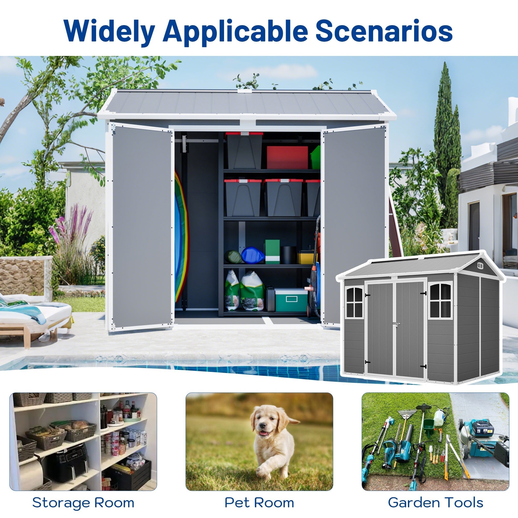 Bellemave® Outdoor Storage Shed with Floor, Waterproof Lockable Storage Shed with Window, Plastic Outside Tool Storage for Garden, Backyard, Patio, Lawn,Gray - Bellemave