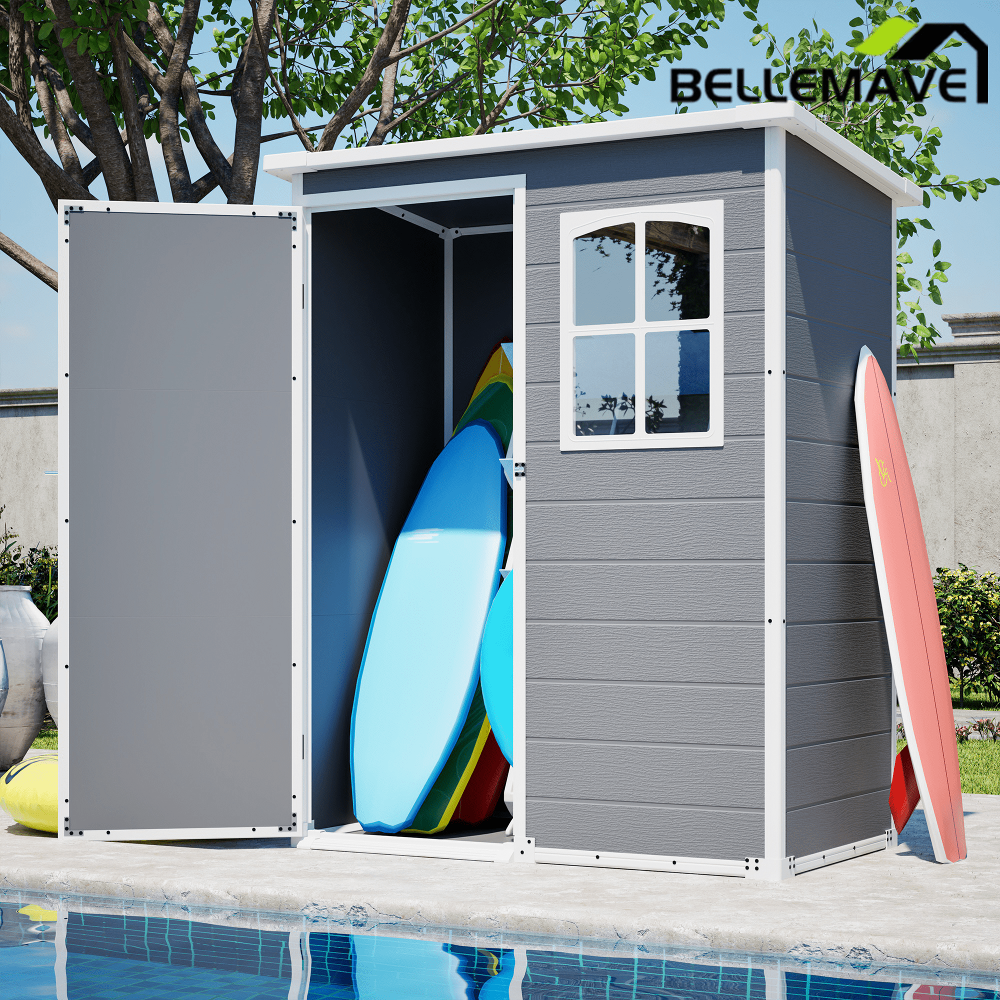 Bellemave® Outdoor Storage Shed with Floor, Waterproof Lockable Storage Shed with Window, Plastic Outside Tool Storage for Garden, Backyard, Patio, Lawn,Gray - Bellemave