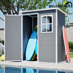 Bellemave® Outdoor Storage Shed with Floor, Waterproof Lockable Storage Shed with Window, Plastic Outside Tool Storage for Garden, Backyard, Patio, Lawn,Gray - Bellemave
