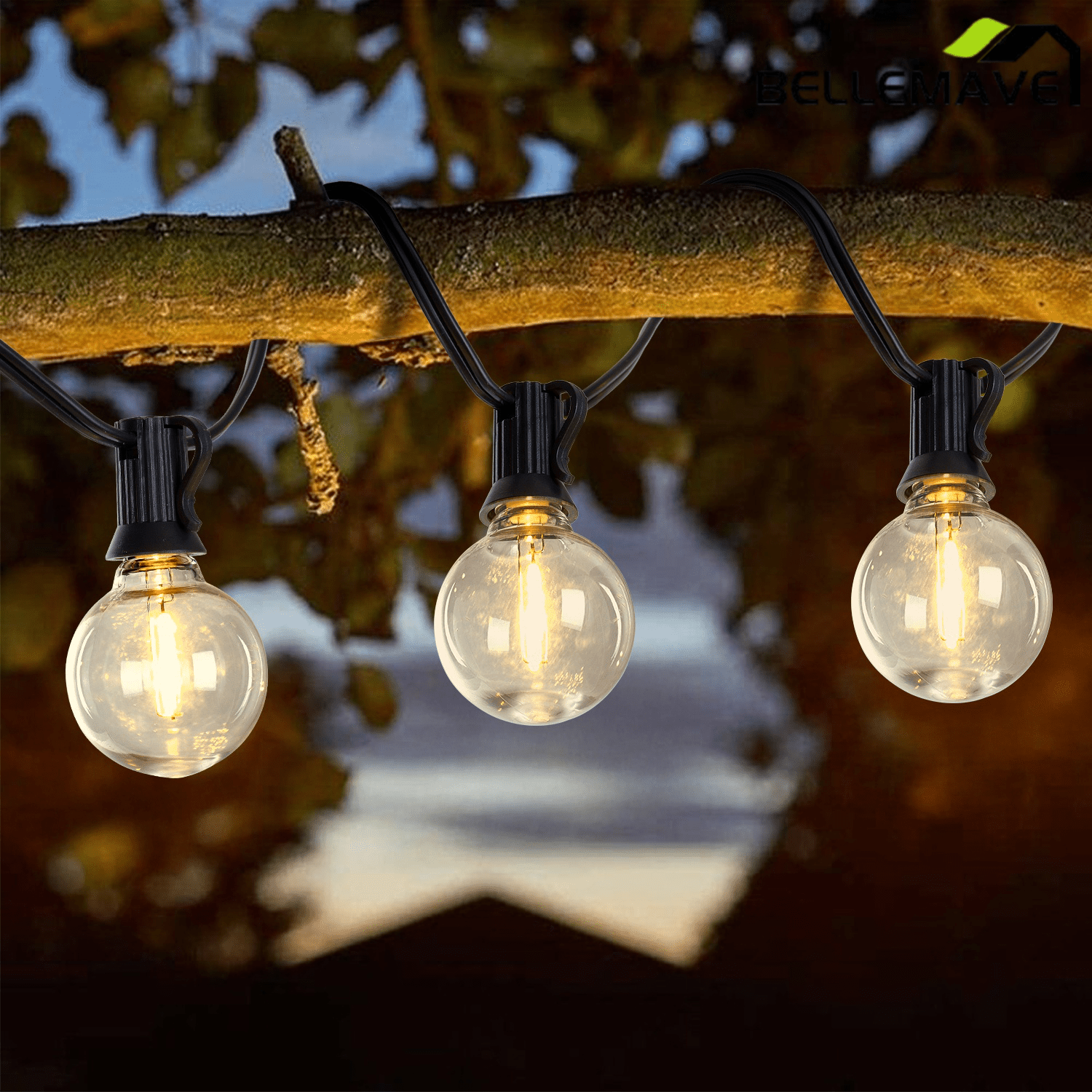 Bellemave® Outdoor String Lights, Plug - in Waterproof Patio Lights with Shatterproof Bulbs, Warm White Outdoor Hanging Light Decor - Bellemave
