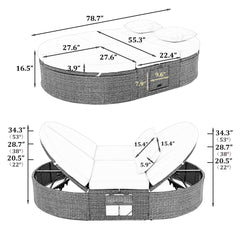 Bellemave® Outdoor Sun Bed Patio 2 - Person Daybed with Cushions and Pillows, Rattan Garden Reclining Chaise Lounge with Adjustable Backrests and Foldable Cup Trays for Lawn,Poolside（Gray ） - Bellemave