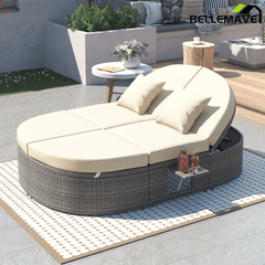 Bellemave® Outdoor Sun Bed Patio 2 - Person Daybed with Cushions and Pillows, Rattan Garden Reclining Chaise Lounge with Adjustable Backrests and Foldable Cup Trays for Lawn,Poolside（Gray ） - Bellemave