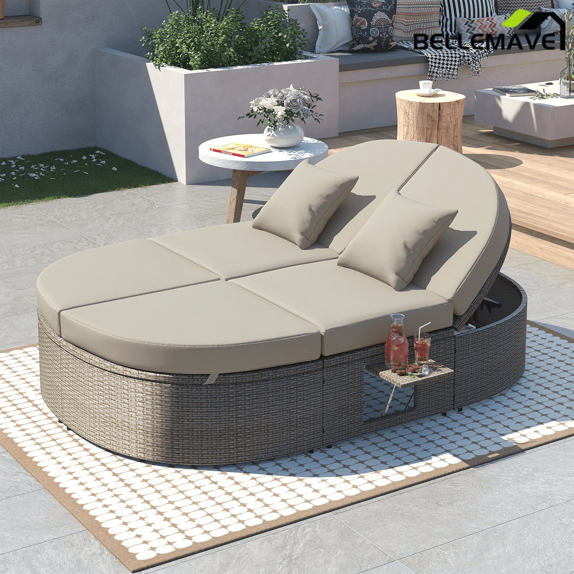Bellemave® Outdoor Sun Bed Patio 2 - Person Daybed with Cushions and Pillows, Rattan Garden Reclining Chaise Lounge with Adjustable Backrests and Foldable Cup Trays for Lawn,Poolside（Gray ） - Bellemave