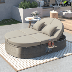 Bellemave® Outdoor Sun Bed Patio 2 - Person Daybed with Cushions and Pillows, Rattan Garden Reclining Chaise Lounge with Adjustable Backrests and Foldable Cup Trays for Lawn,Poolside（Gray ） - Bellemave