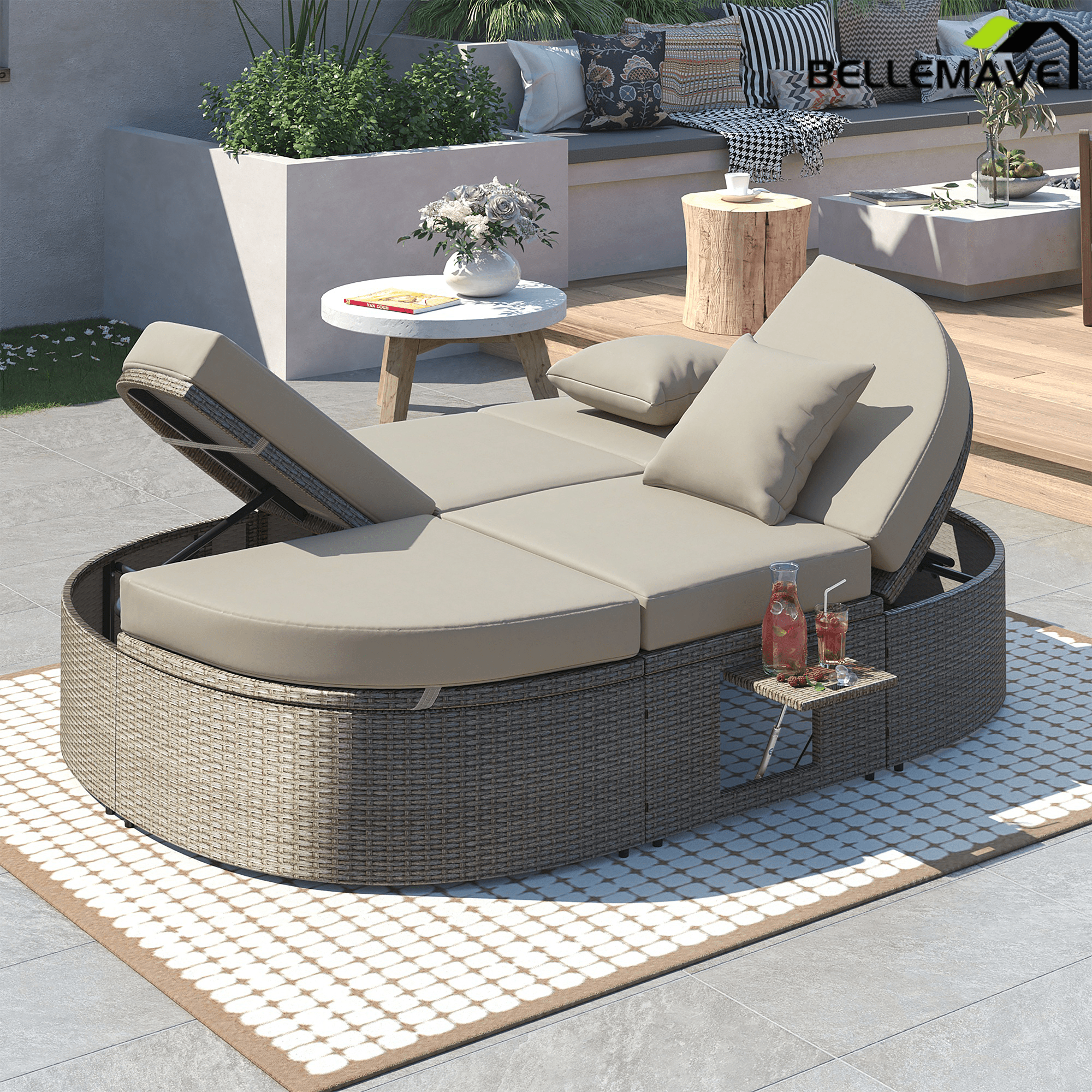 Bellemave® Outdoor Sun Bed Patio 2 - Person Daybed with Cushions and Pillows, Rattan Garden Reclining Chaise Lounge with Adjustable Backrests and Foldable Cup Trays for Lawn,Poolside（Gray ） - Bellemave