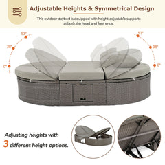 Bellemave® Outdoor Sun Bed Patio 2 - Person Daybed with Cushions and Pillows, Rattan Garden Reclining Chaise Lounge with Adjustable Backrests and Foldable Cup Trays for Lawn,Poolside（Gray ） - Bellemave