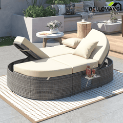 Bellemave® Outdoor Sun Bed Patio 2 - Person Daybed with Cushions and Pillows, Rattan Garden Reclining Chaise Lounge with Adjustable Backrests and Foldable Cup Trays for Lawn,Poolside（Gray ） - Bellemave