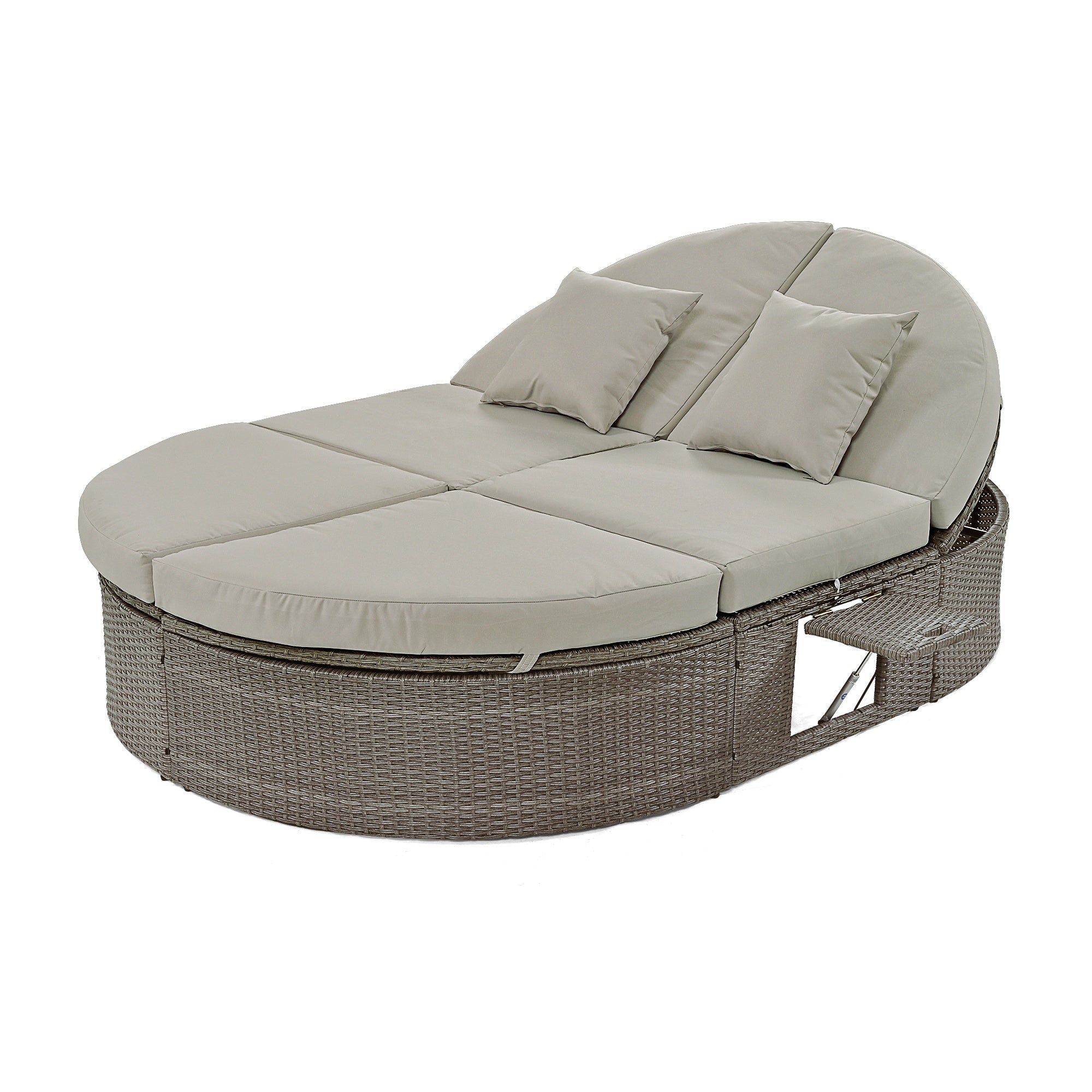 Bellemave® Outdoor Sun Bed Patio 2 - Person Daybed with Cushions and Pillows, Rattan Garden Reclining Chaise Lounge with Adjustable Backrests and Foldable Cup Trays for Lawn,Poolside（Gray ） - Bellemave