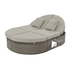 Bellemave® Outdoor Sun Bed Patio 2 - Person Daybed with Cushions and Pillows, Rattan Garden Reclining Chaise Lounge with Adjustable Backrests and Foldable Cup Trays for Lawn,Poolside（Gray ） - Bellemave