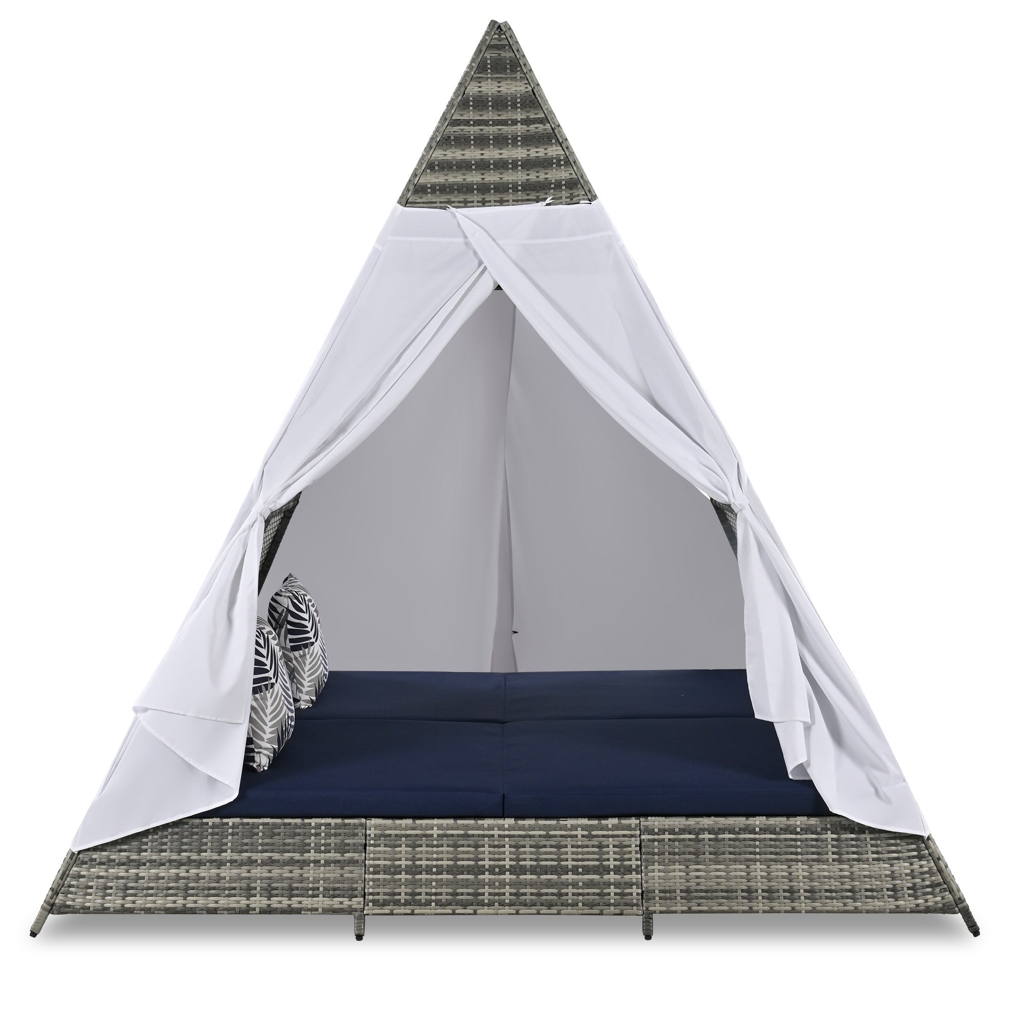 Bellemave® Outdoor Sunbed with Cushions and Colorful Pillows,Tent Shape Wicker Patio Daybed 90.5"" Length Lounge Bed for Patio Lawn Garden Backyard Porch Pool（Gray+Blue ） - Bellemave