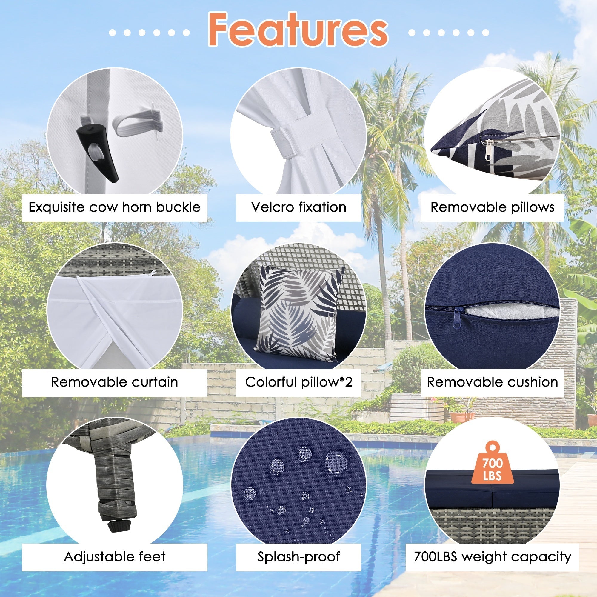 Bellemave® Outdoor Sunbed with Cushions and Colorful Pillows,Tent Shape Wicker Patio Daybed 90.5"" Length Lounge Bed for Patio Lawn Garden Backyard Porch Pool（Gray+Blue ） - Bellemave