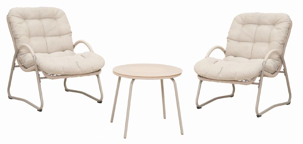 Bellemave® Outdoor Wicker Lounge Chair Set of 3, Iron Frame Rattan Accent Chair with Side Table, Off White - Bellemave