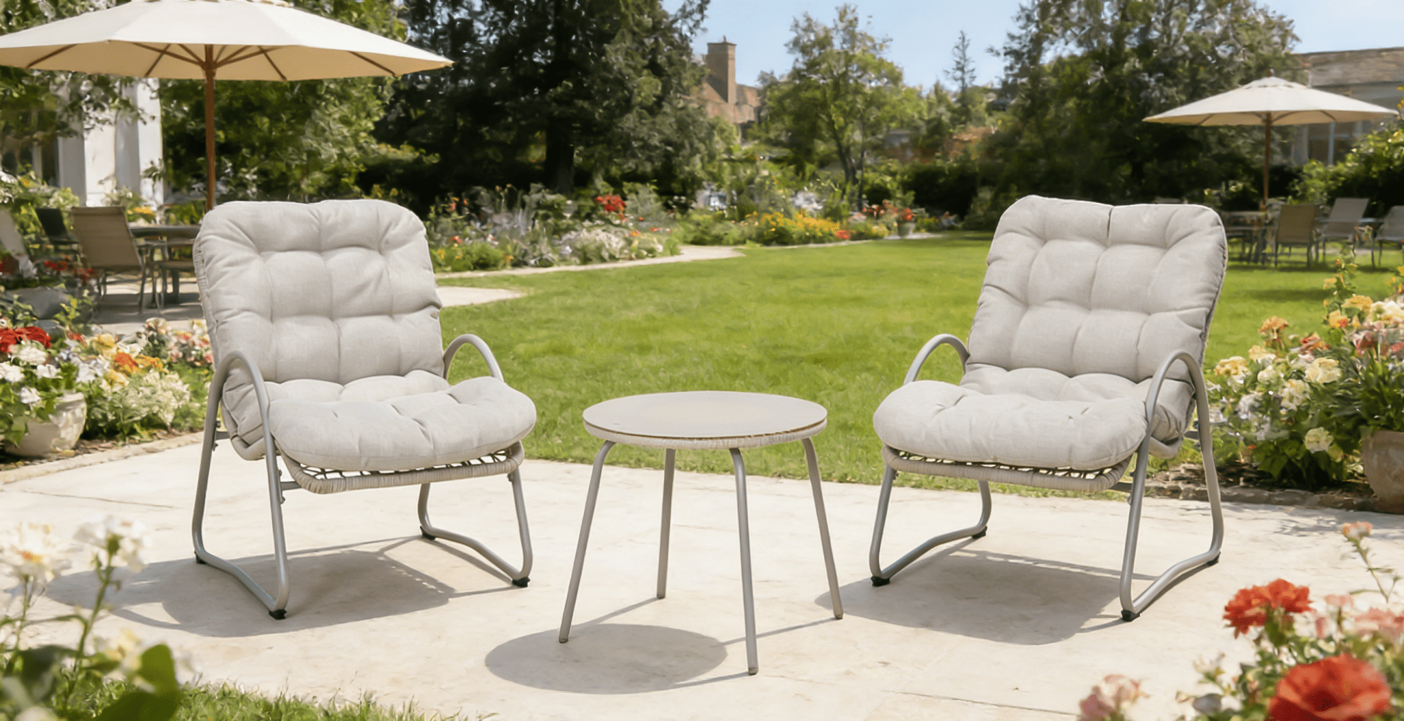 Bellemave® Outdoor Wicker Lounge Chair Set of 3, Iron Frame Rattan Accent Chair with Side Table, Off White - Bellemave