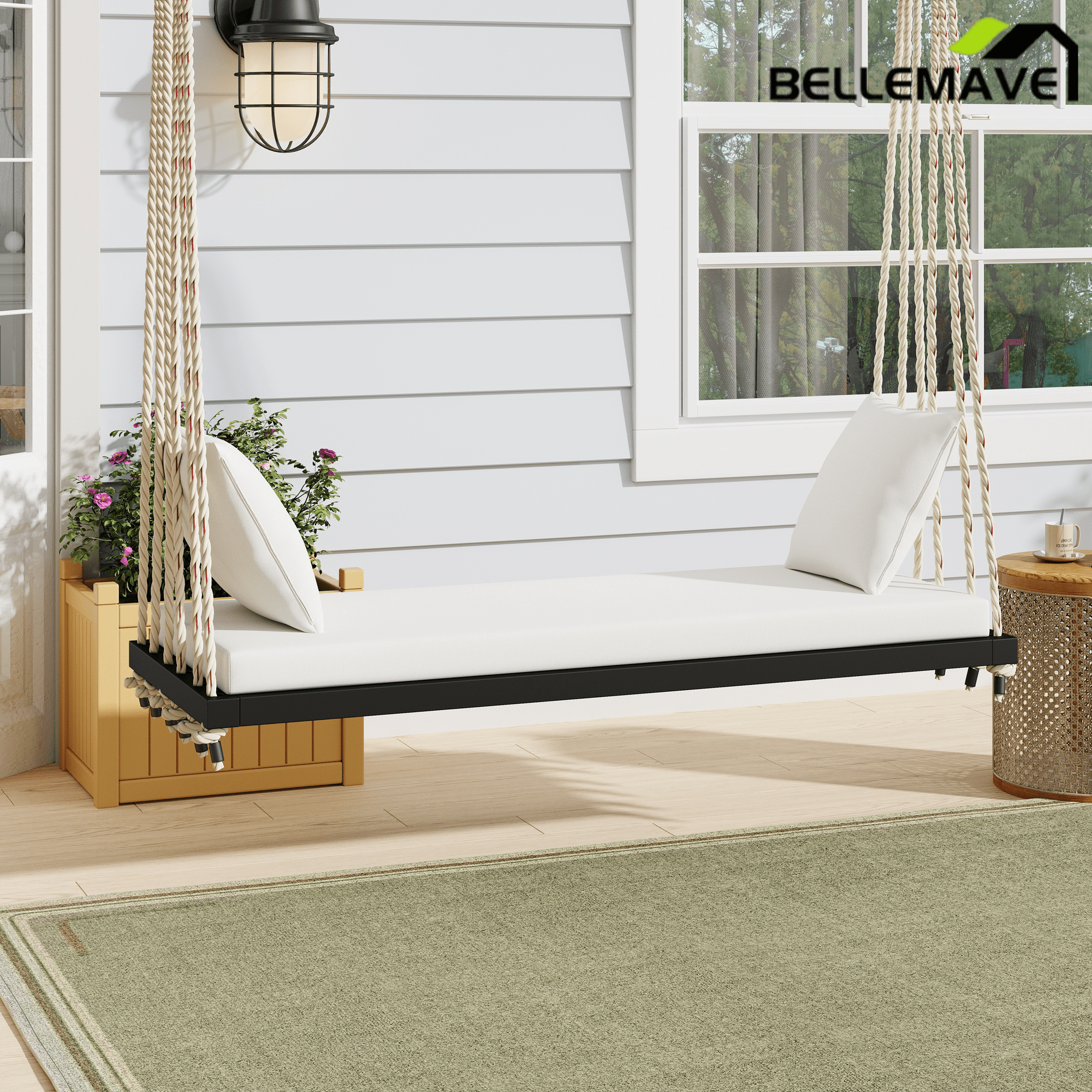 Bellemave® Outdoor Wooden Porch Swing – 2 - Seat Hanging Bench with Cushion & Pillows, Brown - Bellemave