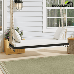 Bellemave® Outdoor Wooden Porch Swing – 2 - Seat Hanging Bench with Cushion & Pillows, Brown - Bellemave