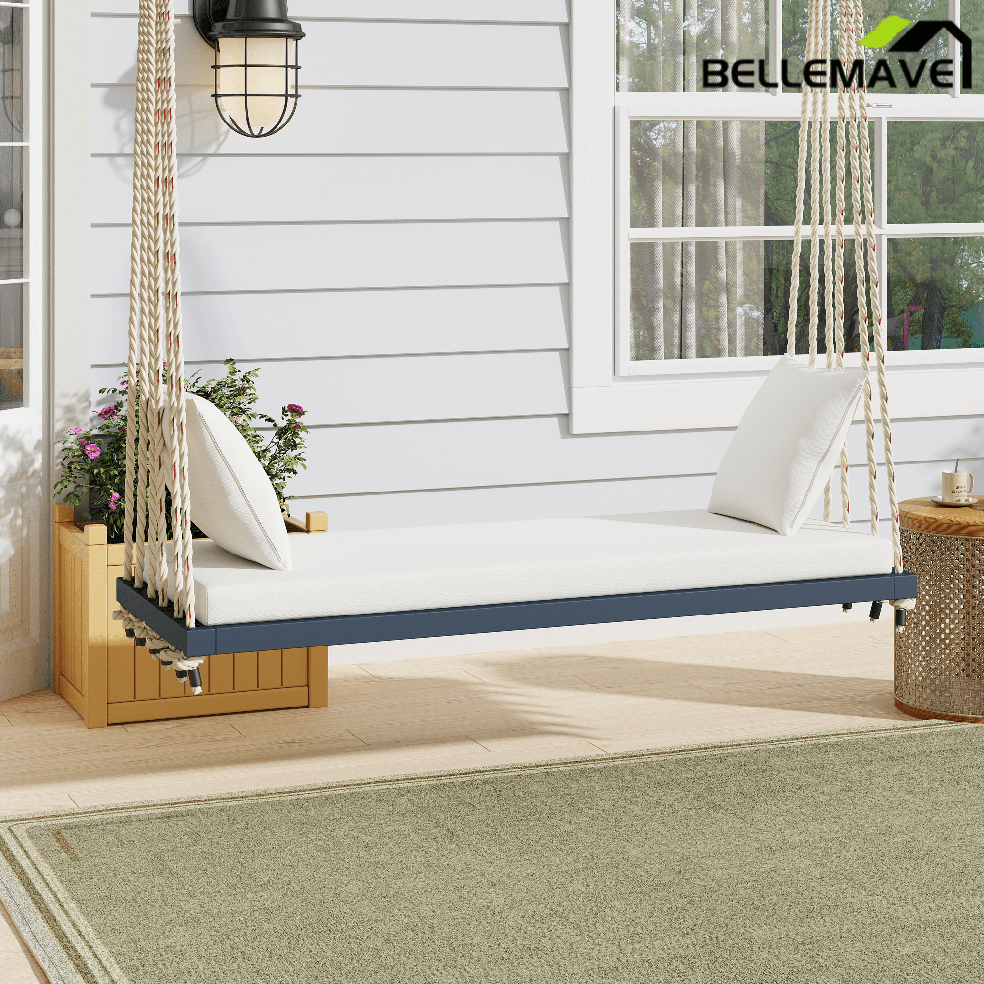 Bellemave® Outdoor Wooden Porch Swing – 2 - Seat Hanging Bench with Cushion & Pillows, Brown - Bellemave